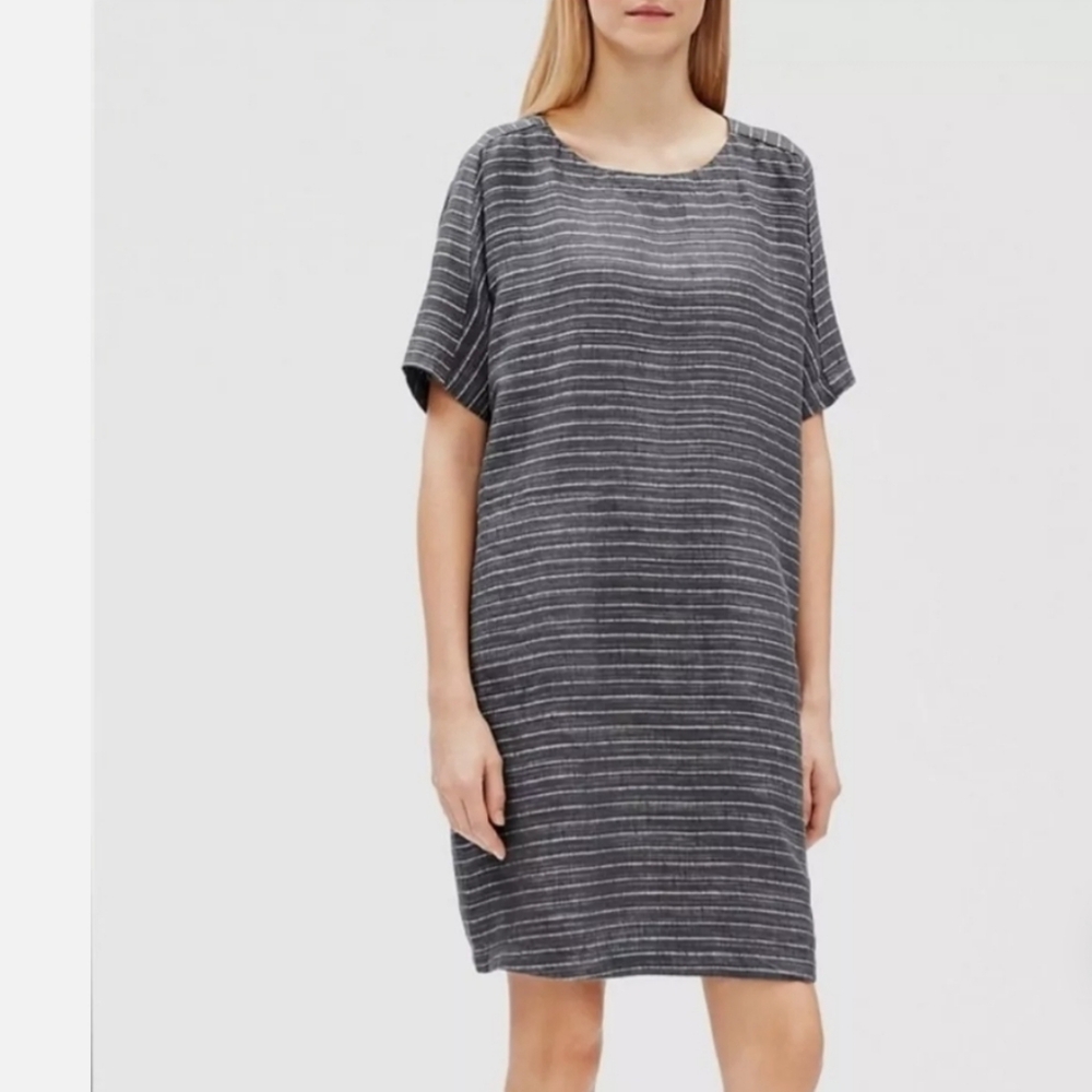 Eileen Fisher Organic Linen Delave Pinstripe Tunic Dress. Size: XXS.